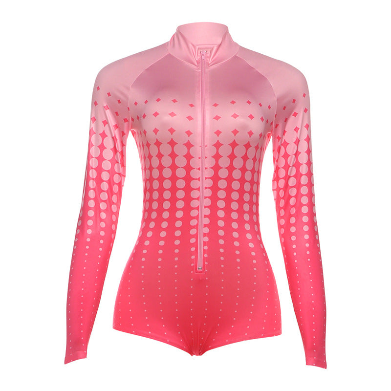 Autumn Winter Women Clothing Long Sleeve Stand Collar Zipper Printed Sexy Slim Fit Sexy Jumpsuit