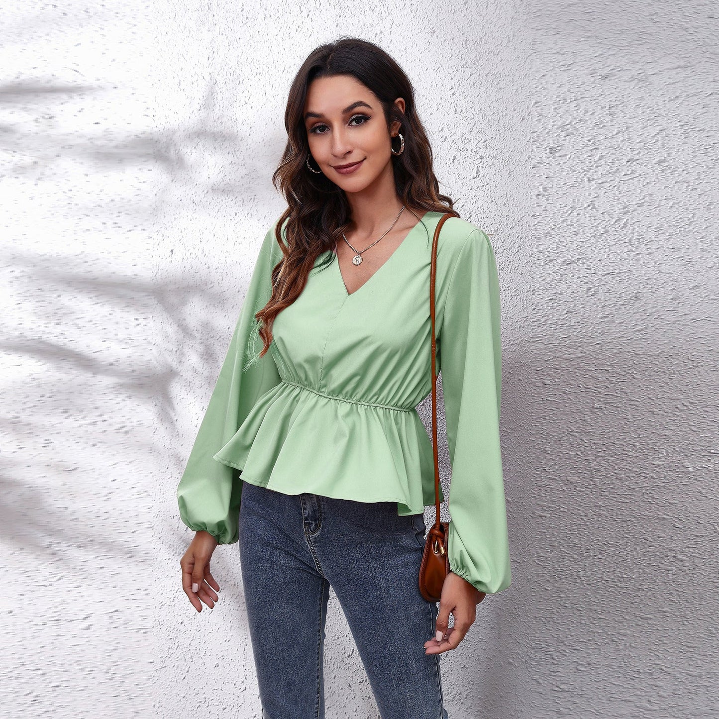 Popular Real Shot Lantern Sleeve Chiffon Shirt Solid Color Waist Tight V Neck Long Sleeve Women Top