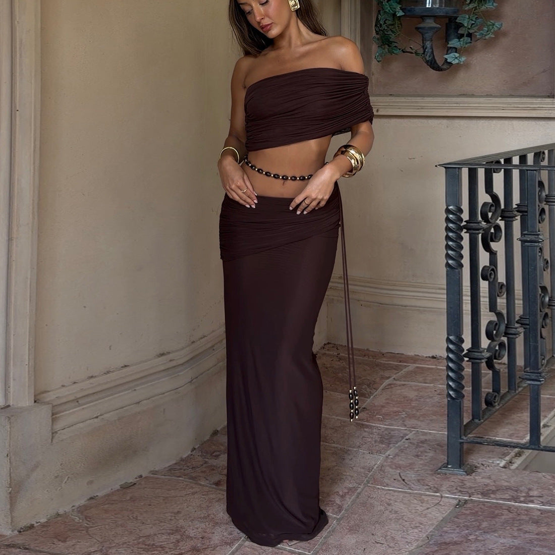 Spring Women Pleated Sexy Cropped Tank Top Low Waist Hip Wrapped Skirt Two Piece Sets