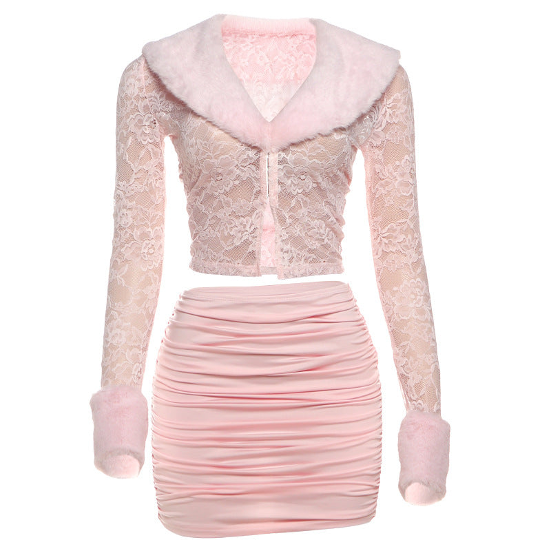 Women Clothing Autumn Winter Sexy Plush Stitching Lace Long Sleeved Top Slim Pleated Skirt Outfit