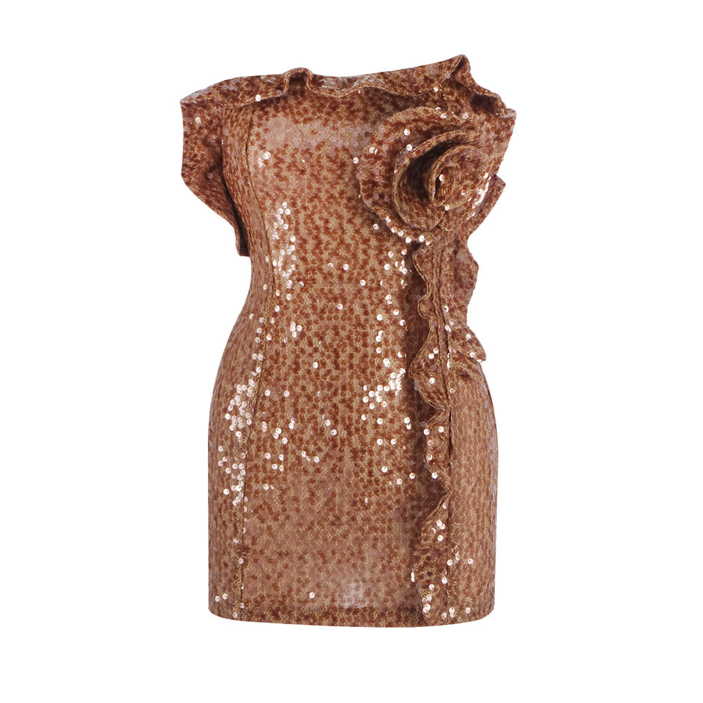 Premium Brown Sequined Evening Dress Three Dimensional Floral Ruffled Design Star Same Slim Fit Dress