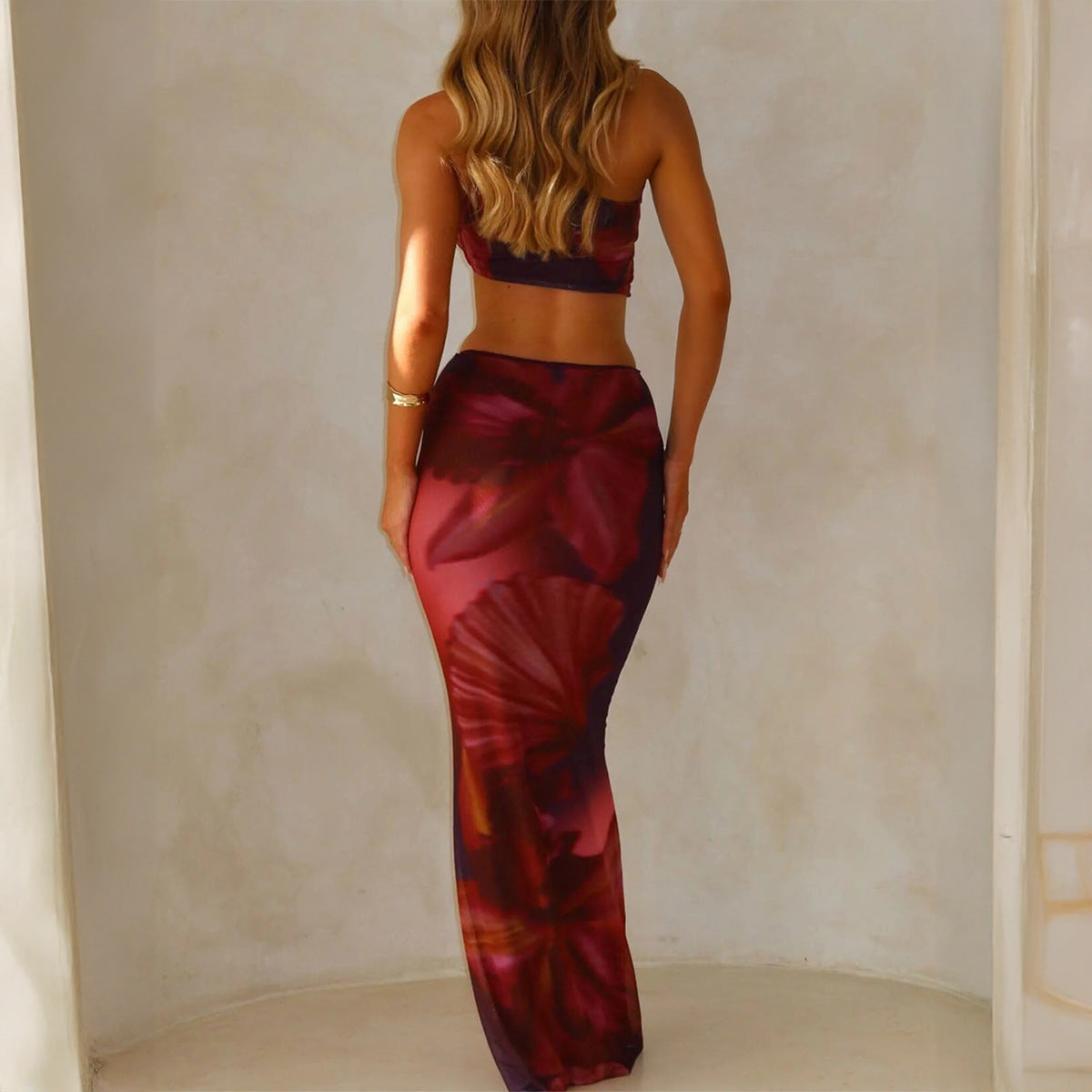 Women Clothing Summer Vacation Tube Top Half Length Skirt Set