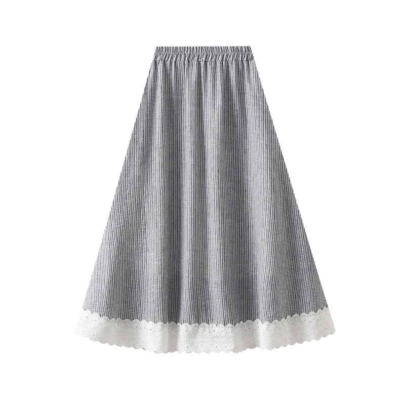 Plaid Skirt Women Spring Summer Loose Casual Elastic Waist Mid Length Lace Edge Patchwork A line Skirt