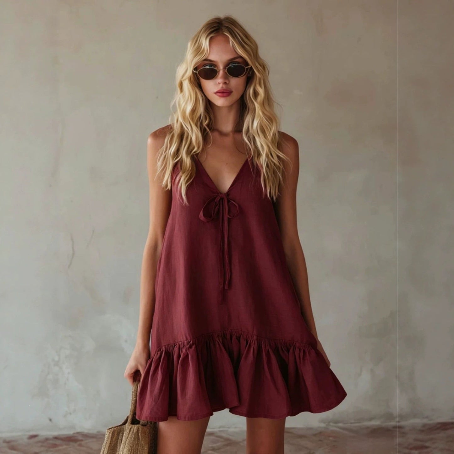 Summer Retro Vacation V neck Sleeveless Ruffled Loose Dress