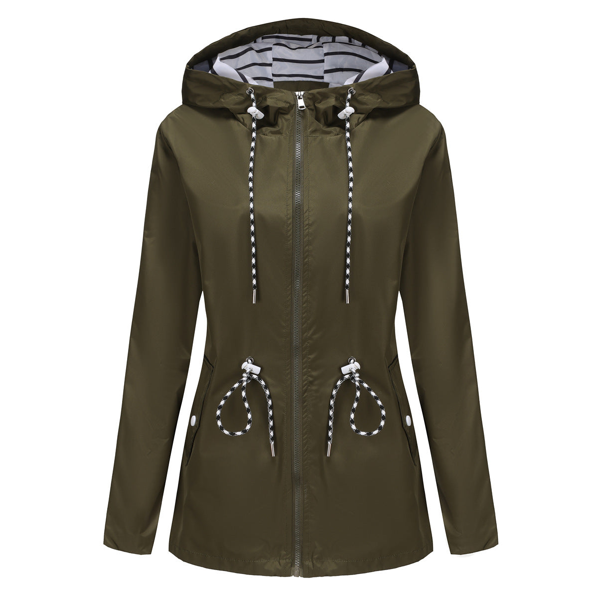 Long Sleeved Waterproof Mid Length Trench Coat Women Hooded Striped Raincoat Women Clothing