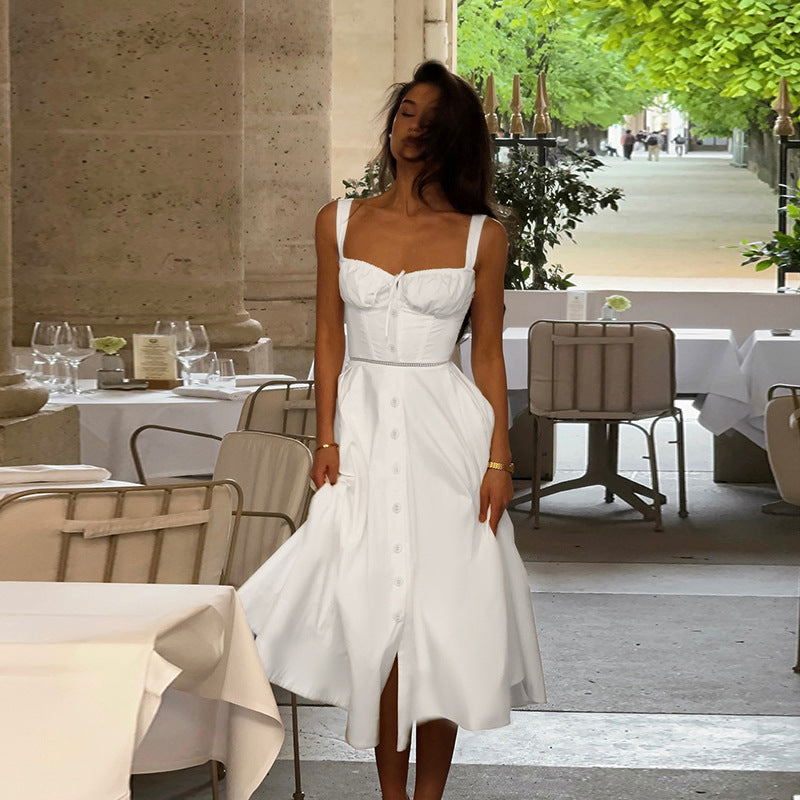 French Slim Fit U Neck Stitching Drawstring Lace up Sexy Waist Tight Cutout Sling Dress