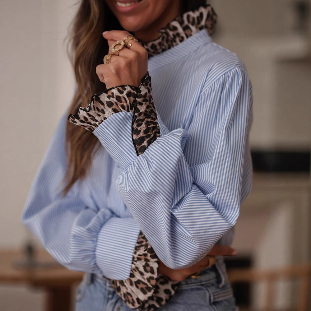 Autumn Women Elegant Casual Striped Leopard Print Stitching Shirt