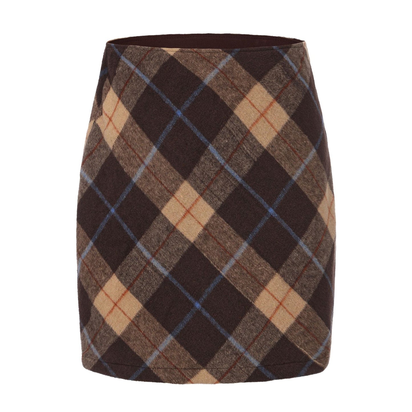 Women Clothing Autumn Winter Woolen Skirt Plaid High Waist Elastic Solid Color Zipper Skirt