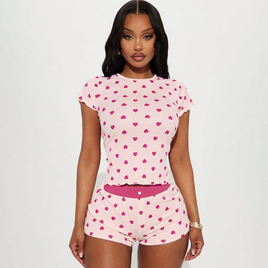 Women Clothing Heart Printing Short Sleeved Shorts Basic Casual Homewear Pajamas Two Piece Sets