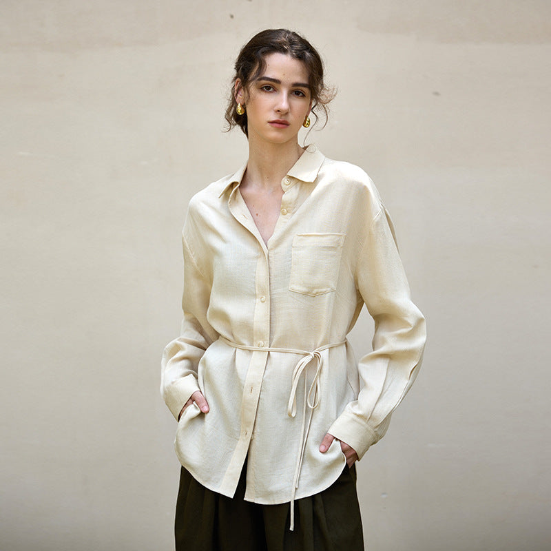 Tencel Linen Natural Texture Long Sleeved Women Shacket Autumn Winter French Wind Waist Belt Linen Shirt