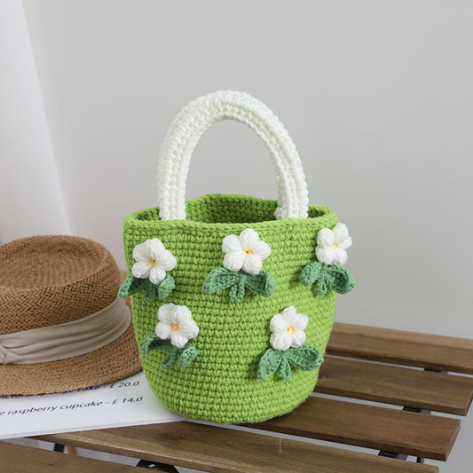 Camellia Wool Handbag Homemade Women Bag Floral Hand Woven Bag Hand Holding Bucket Bag