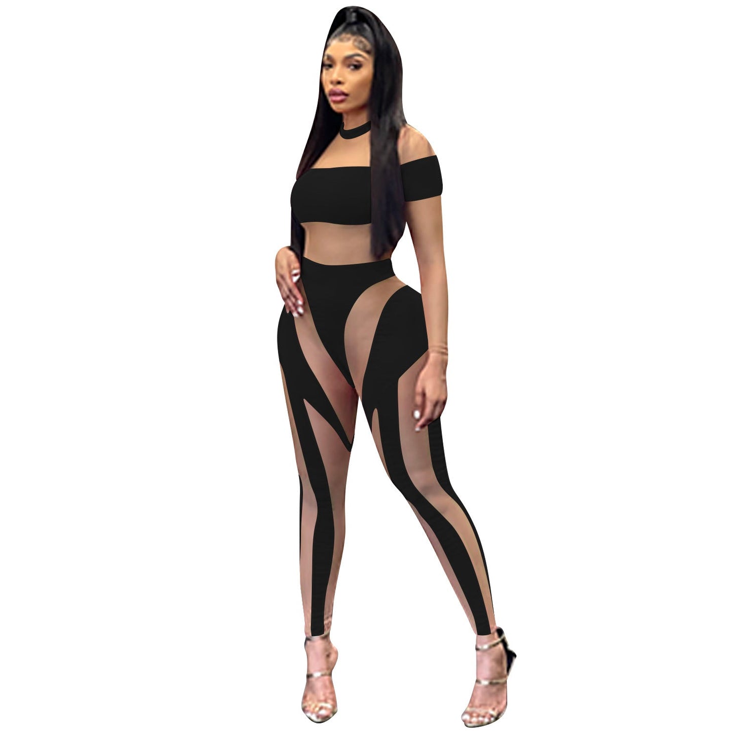 Sexy Nightclub Skinny Mesh Sheer Long Sleeve Trousers Jumpsuit Women Clothing