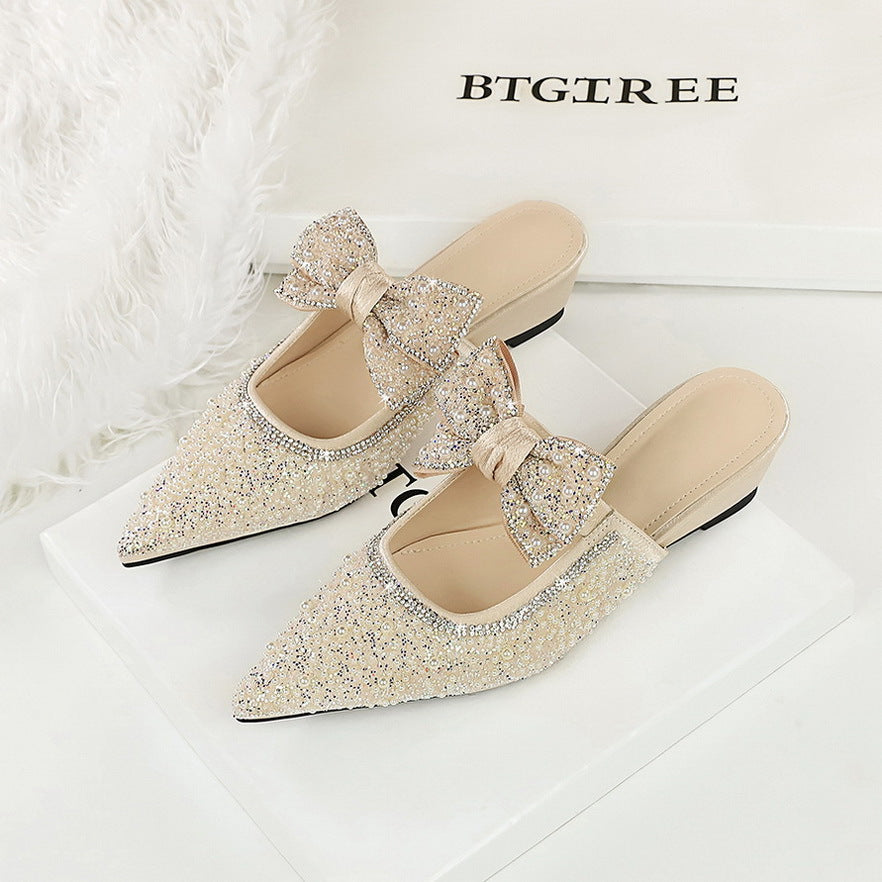 French Fairy Bow Pearl Rhinestone Closed Toe Slippers Women Outer Wear High Class Elegant Slip on Women Shoes