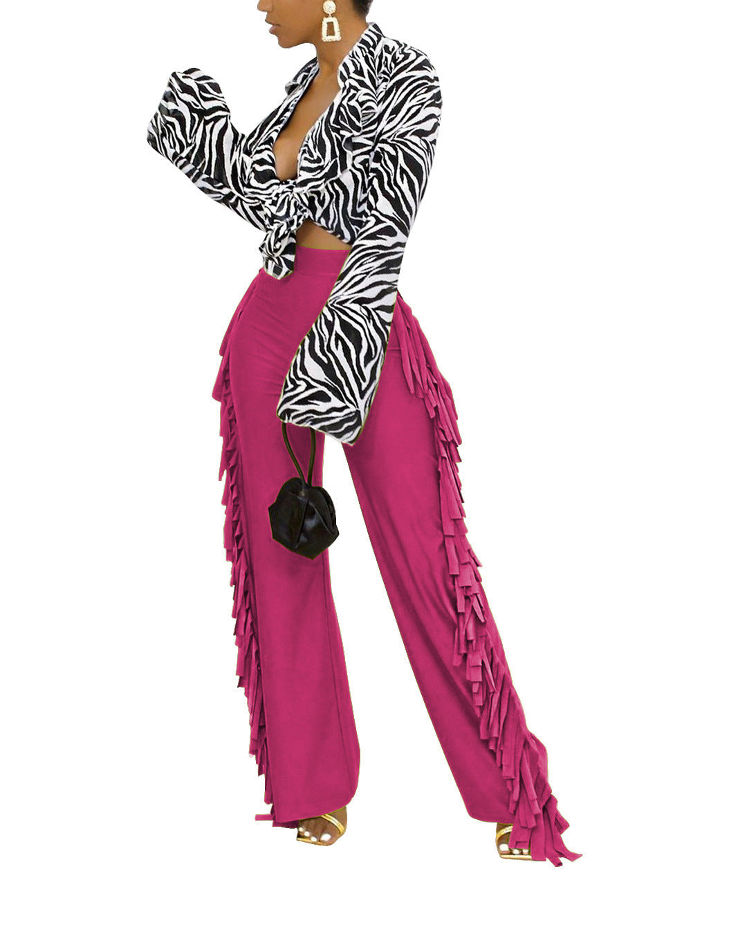 Women Brushed Cute Straight Wide-Leg Pants with Tassel on Both Sides