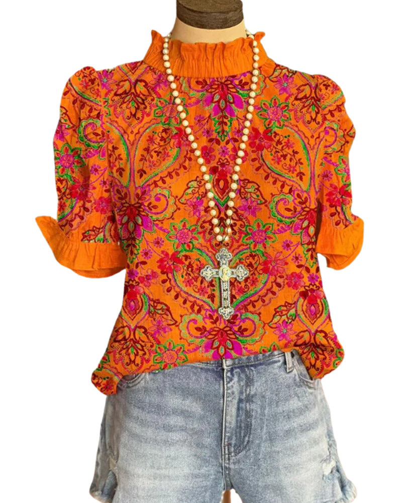 Ladies Vintage Printed Orange Short Sleeve Gathers T Shirt