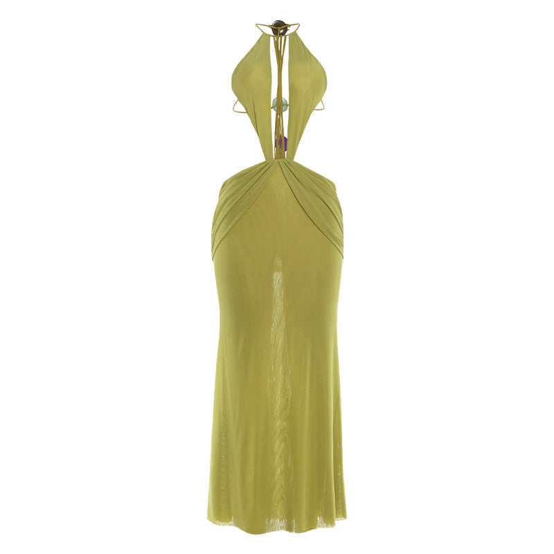 Spring Sexy Backless Halter Solid Color Mesh Dress Women Clothing