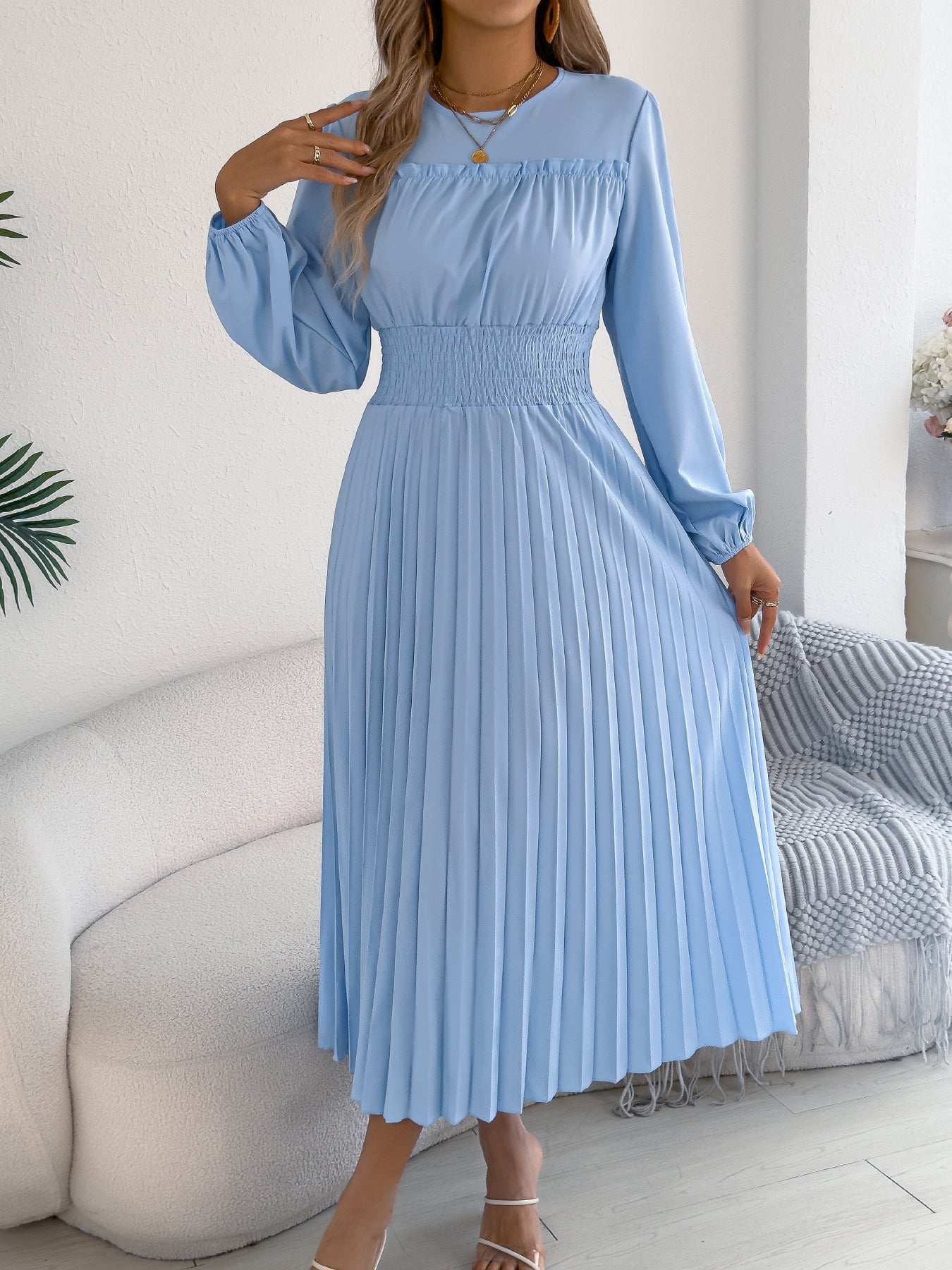Women Clothing Spring Summer Elegant Wooden Ear Long Sleeved Waist Pleated Dress