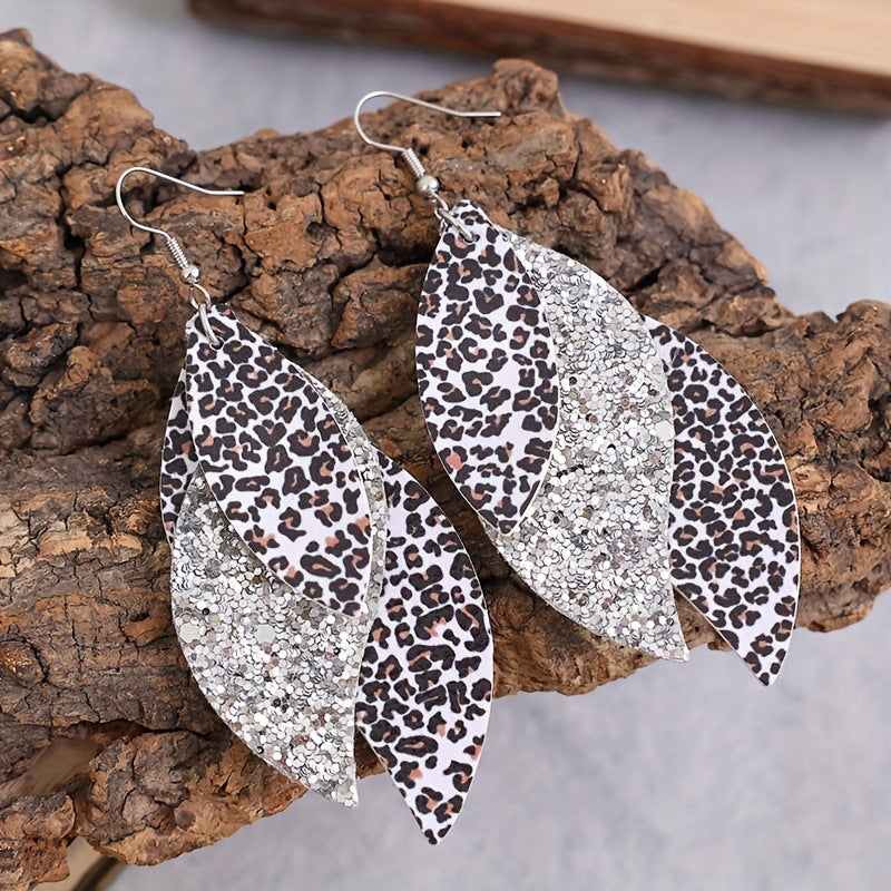 Bohemian Geometric Drop Earrings - Lightweight Faux Leather Leaf Design with Double-Sided Color & Triple Tassel Fringe