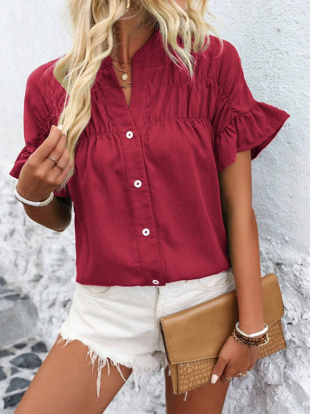 Women Clothing Casual Short Sleeve Pleated Shirt Button Solid Color Cotton Linen Stand Collar Shirt for Women