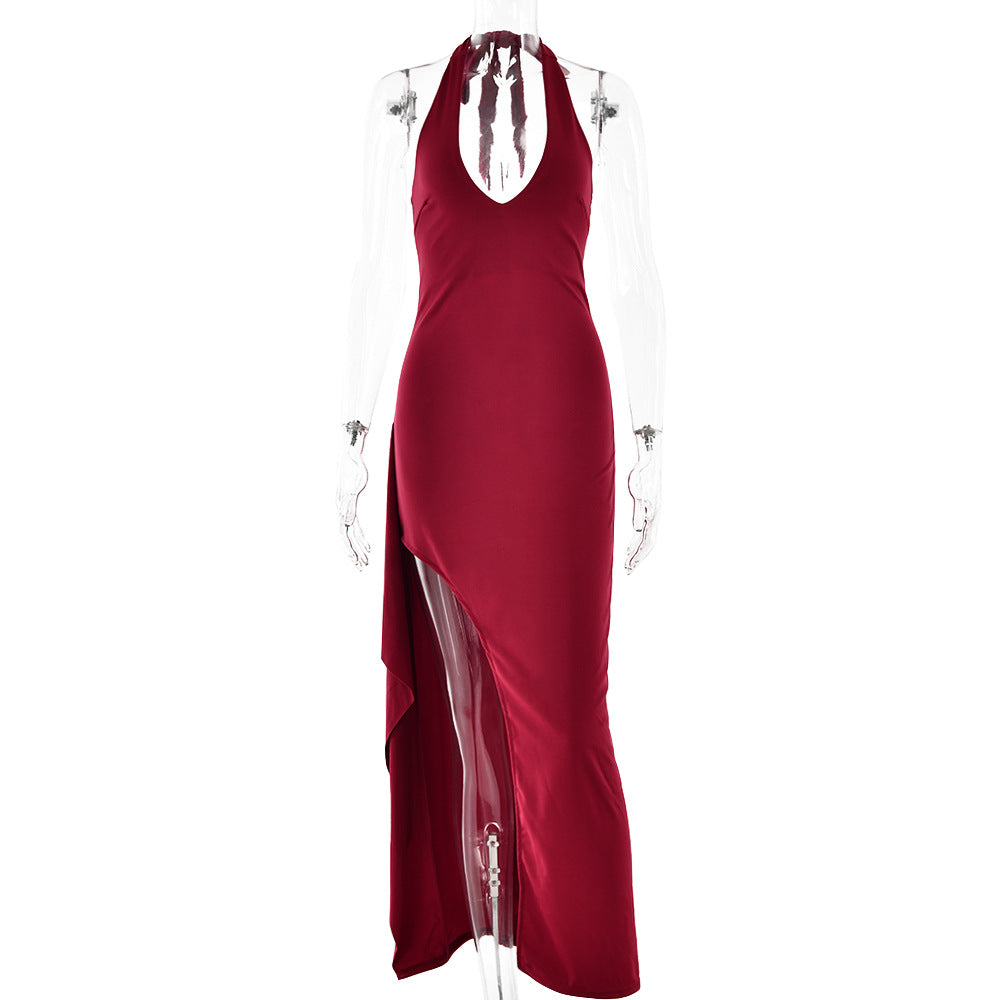 Spring Dress Sexy V neck Halter Strap Backless Slit Maxi Dress