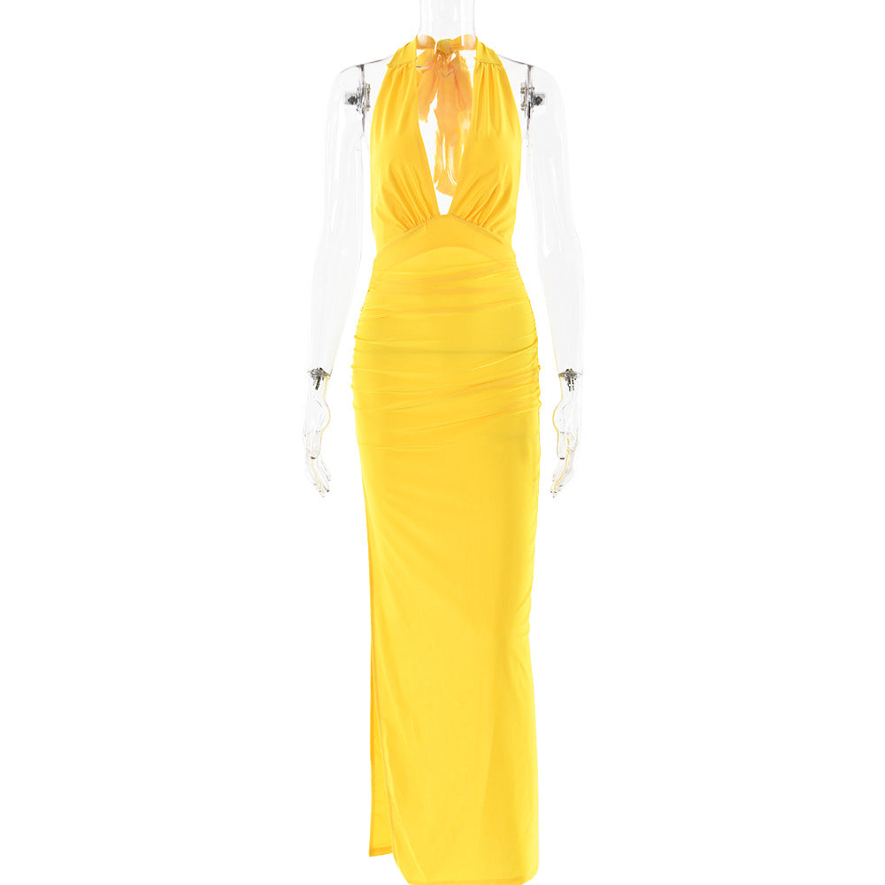 Summer Sexy V neck Halter Backless Dress Solid Color Split Dress