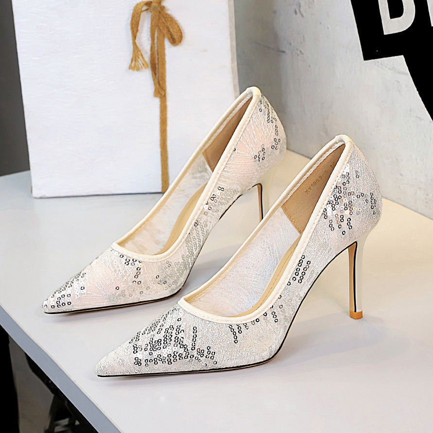 Shallow Mouth Sequin Fashionable Elegant High Heel Women Shoes Pointed Toe Slip on Lace Mesh Pumps Women
