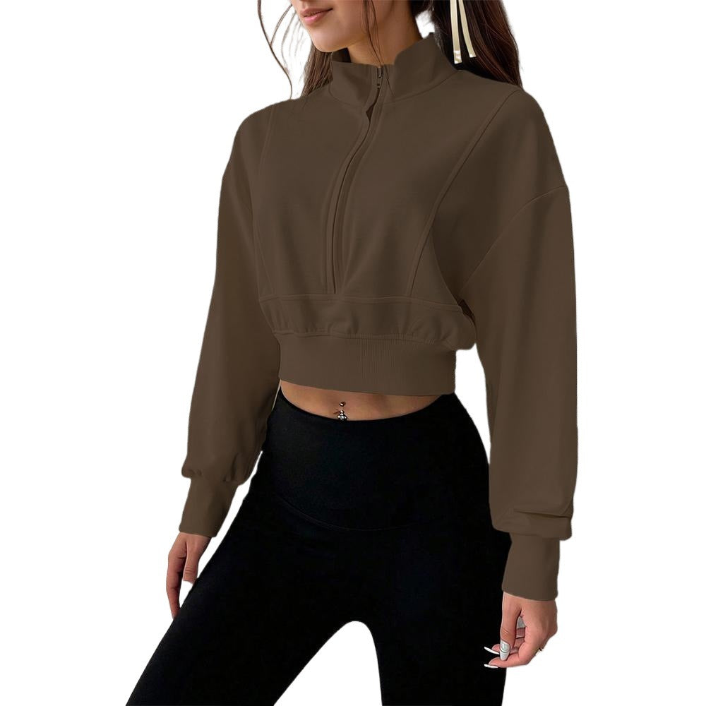 Autumn Winter Wild Brown Short Sweater Women Stand Collar Zipper Retro Loose Casual Sports Top
