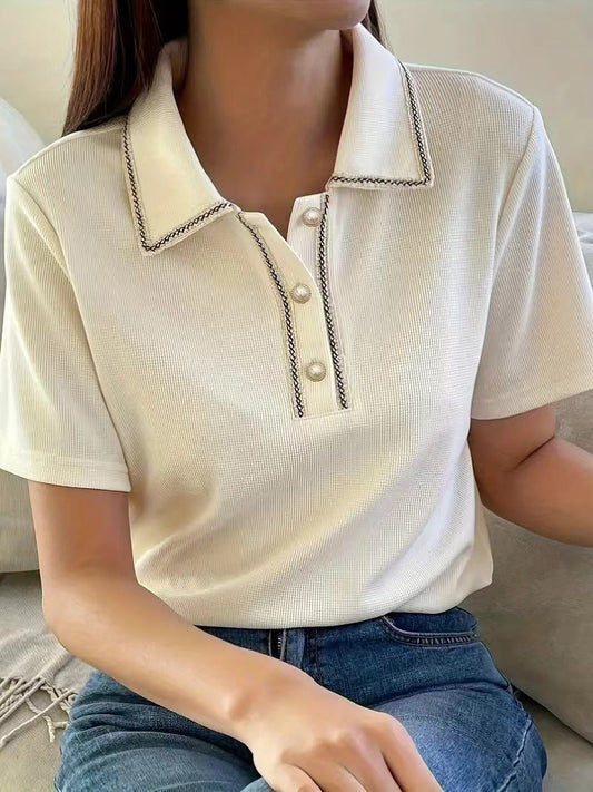 Women Clothing Solid Color Buttons Pullover Short Sleeved Polo Shirt