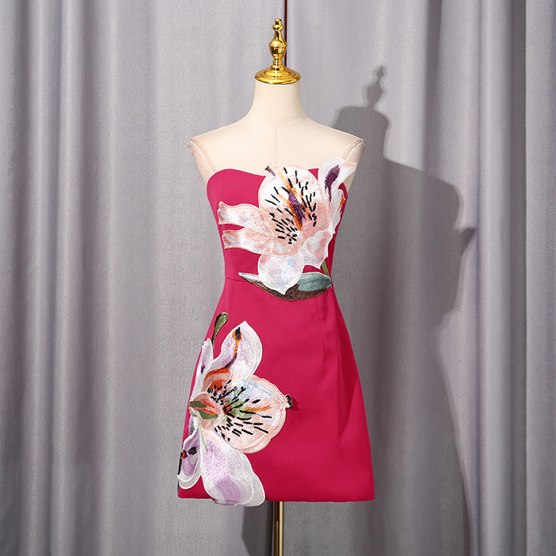 Sweet Tube Top Short Dress Niche Anti Aging Printed Design Sleeveless Waist A line Dress