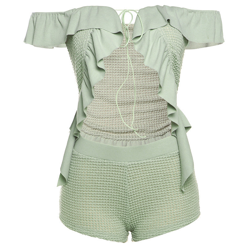 Women Clothing Summer Sexy off Shoulder Cropped Lace up Top Slim High Waist Shorts Two Piece Set