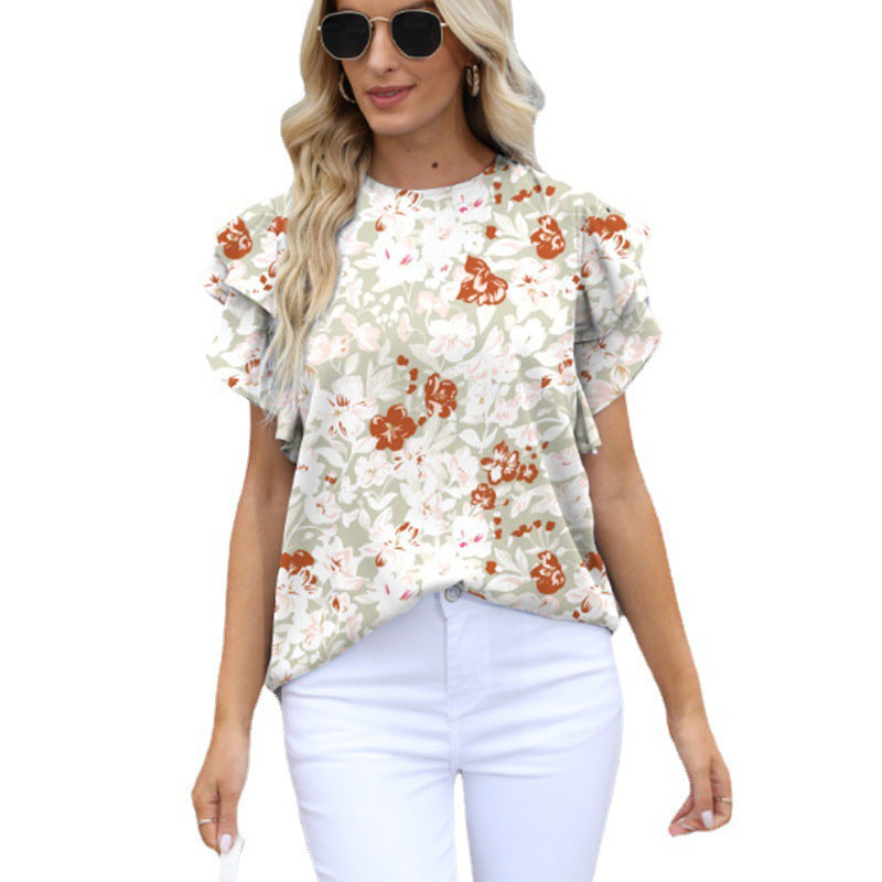 Women Summer round Neck Printed Ruffled Short Sleeves Chiffon Shirt Floral Pullover T shirt