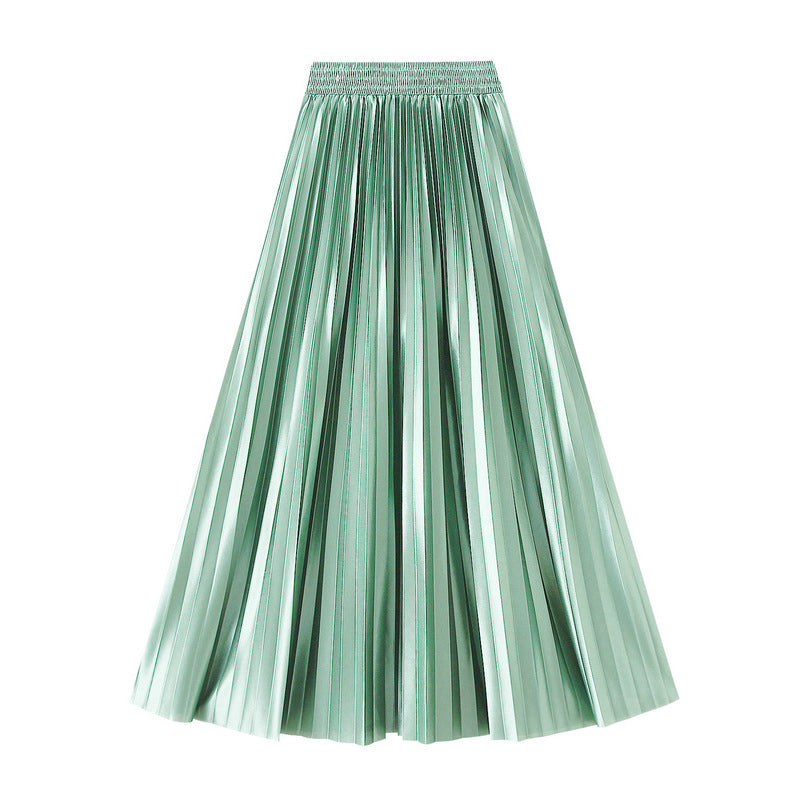 Slimming Spring Glossy Glossy High Waist Pleated A line Slimming Long Skirt Women Skirt