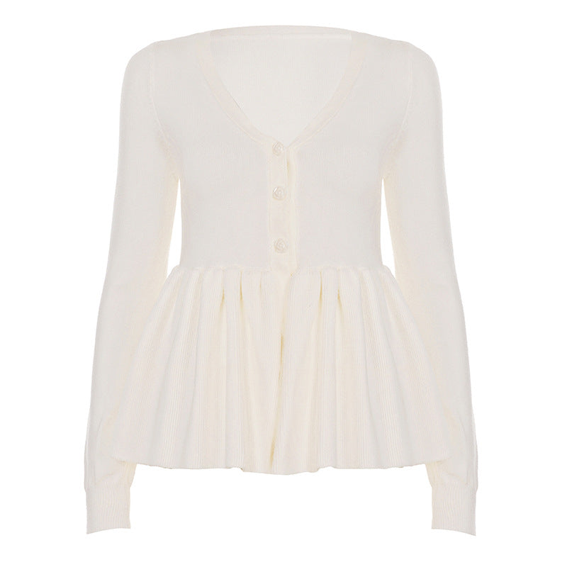 V neck Rose Buckle Solid Color Woolen Cardigan Women Ball Waist Slimming a Swing Top