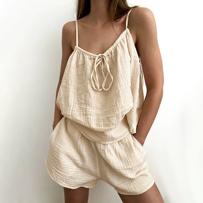 Fall Sexy Halterneck Vest Pajamas Sleeveless Double Layer Yarn Shorts Two Piece Sets Ladies Homewear