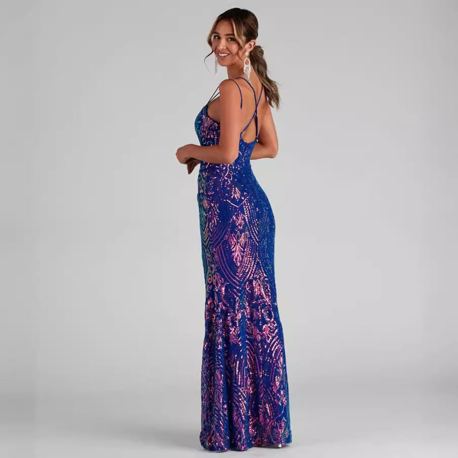 Sexy off Neck Sequined Floor Length Evening Dress Elegant Slit Cocktail Party Dress for Women