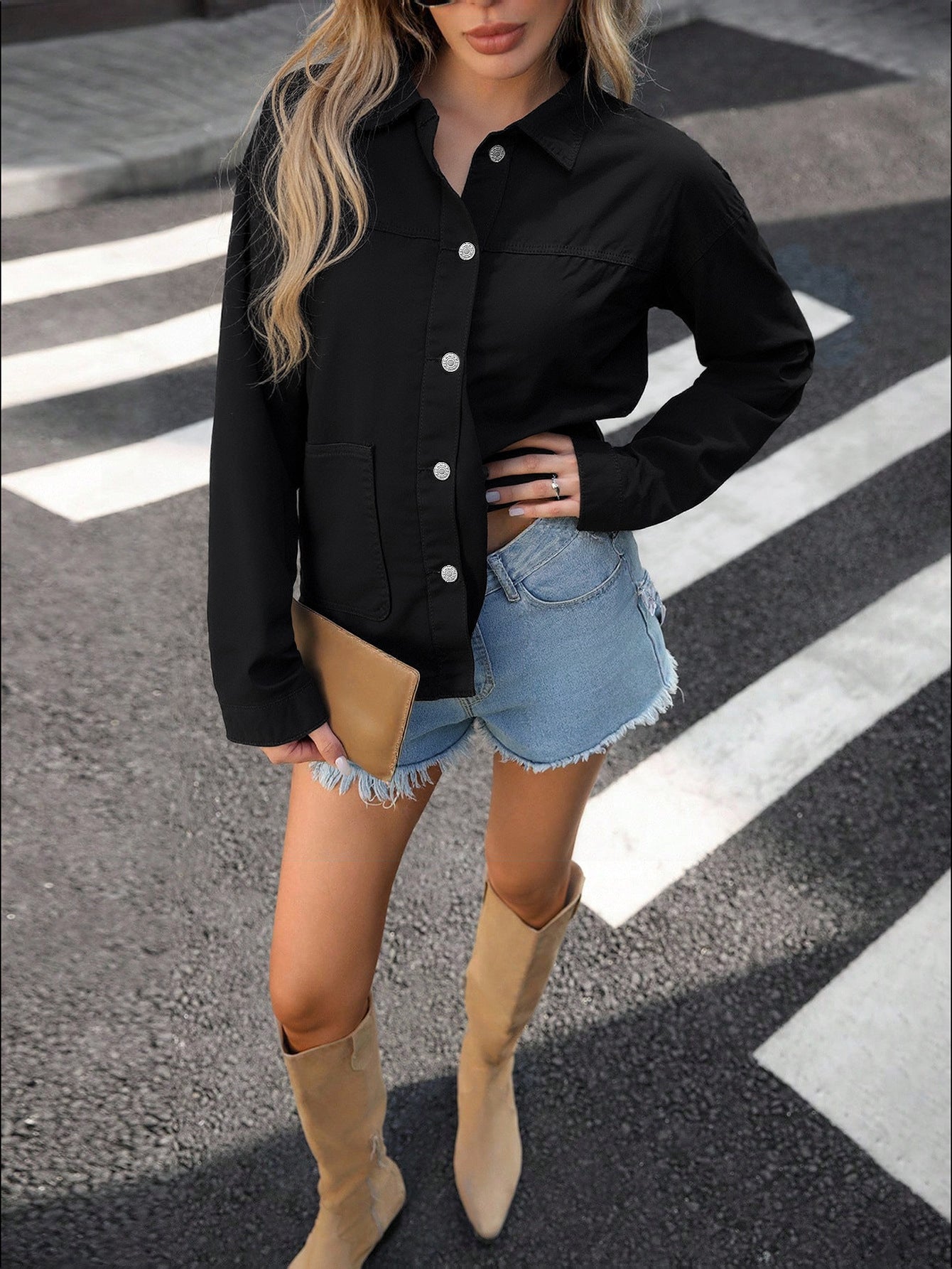 Women Clothing All Matching Single Breasted Long Sleeve Denim Shacket