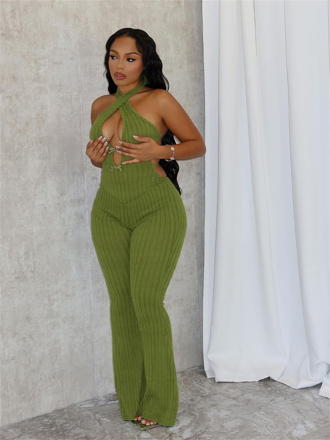 Summer Halter Slim Fit Lace up Backless Sexy Jumpsuit Bell Bottom Pants Jumpsuit Women