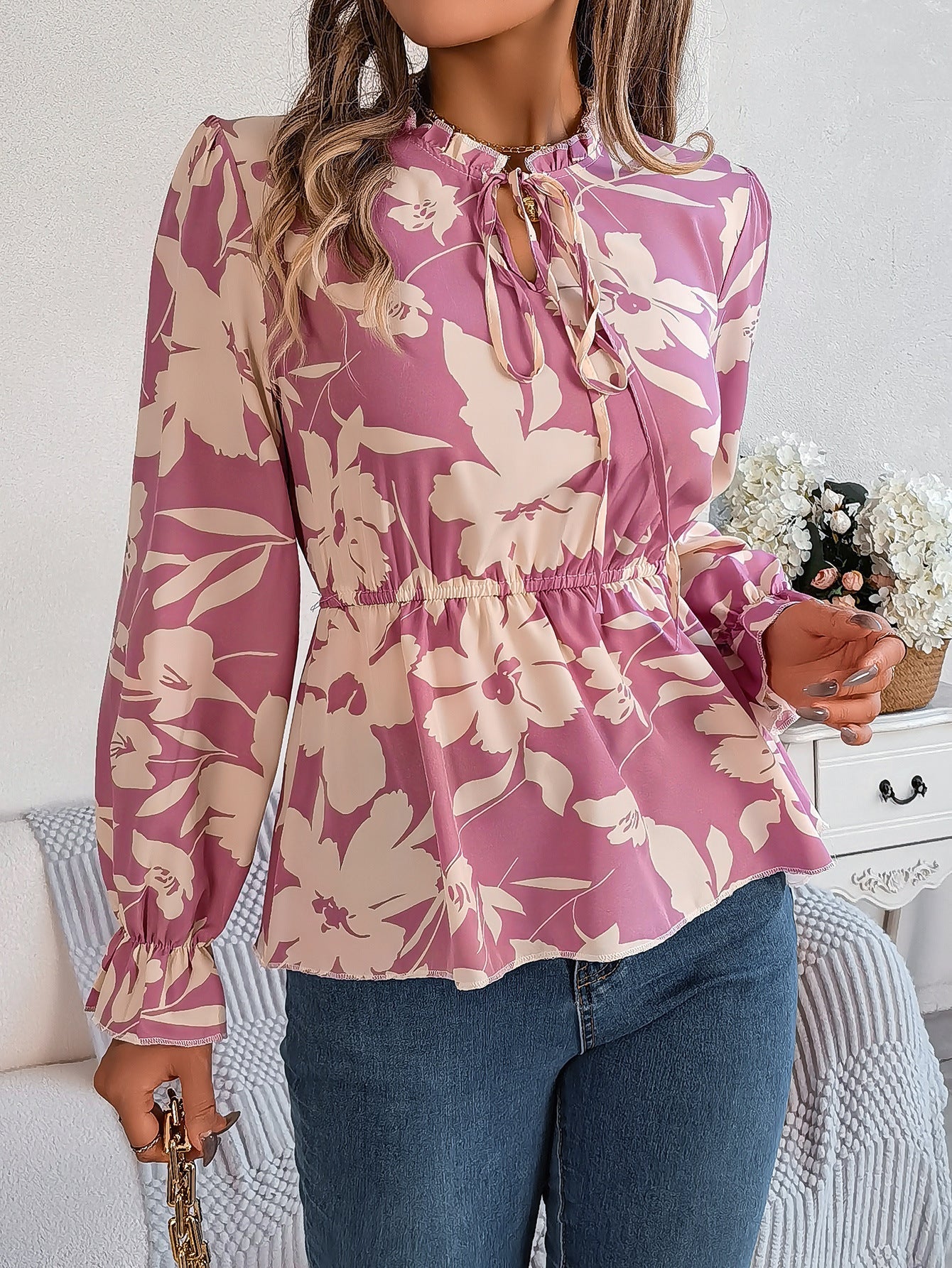 Real Shot Spring Summer Casual Floral Lace up Long Sleeve Chiffon Shirt Top Women Clothing