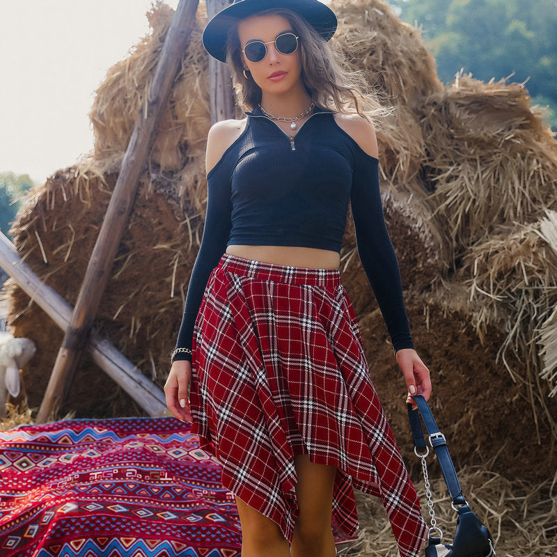 Irregular Asymmetric Hem Black Red Grid Women Fashionable Hip Hop Skirt Punk Skirt