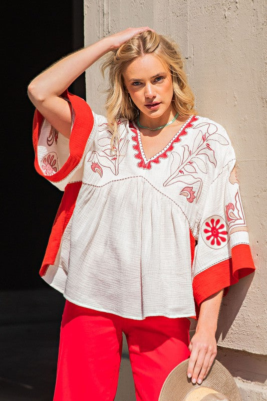 Spring Summer Women Clothing V neck Stitching Flare Sleeve T shirt Contrast Color Loose Top for Women