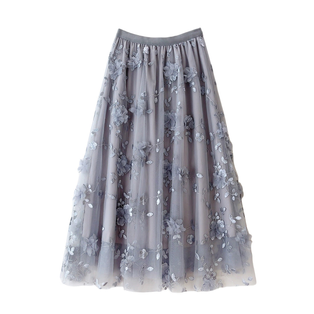 Mesh Embroidered Skirt Gentle Mid Length Skirt Three Dimensional Floral Heavy Work Gauze Skirt Fresh Fairy Dress