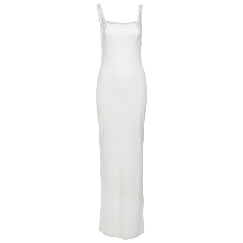 Spring Summer Women Clothing High Class Elegant Sexy Personalized Beaded Slim Fit Square Collar Sling Dress