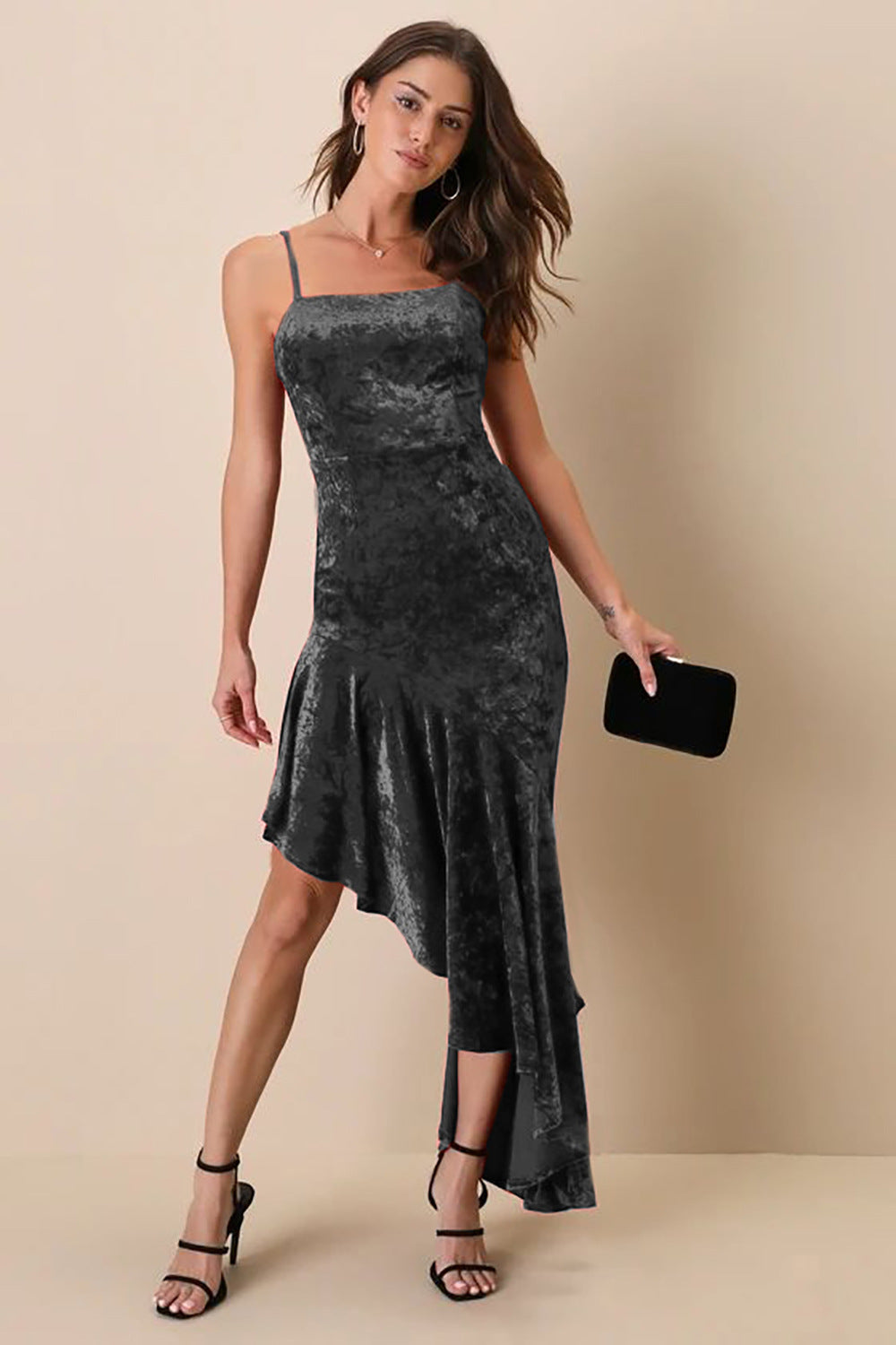Pleuche Spaghetti Strap Dress Sexy Patchwork Ruffled Sheath Fishtail Dress