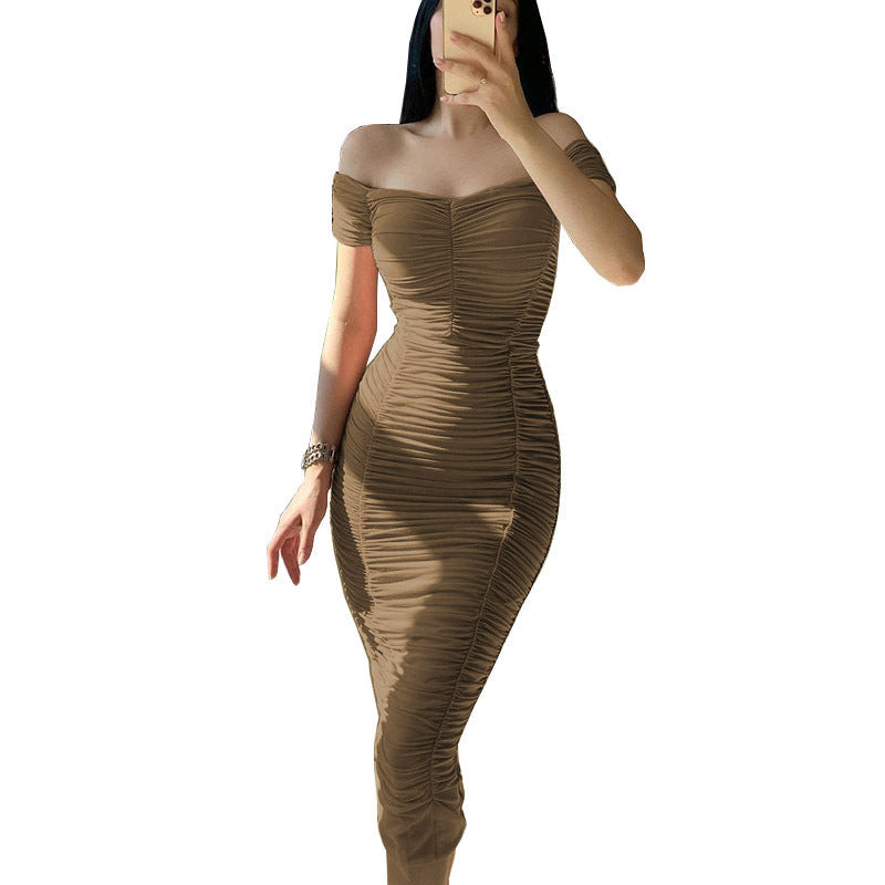 Solid Color Dress Elegant Summer Women Clothing off-Shoulder Pleated Dress