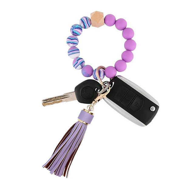 PU Tassel Keychain Bag charm Silicone Beaded Keychain Wristlet Key Ring Bracelet Cute Car Key Chain Holder for Women Girls