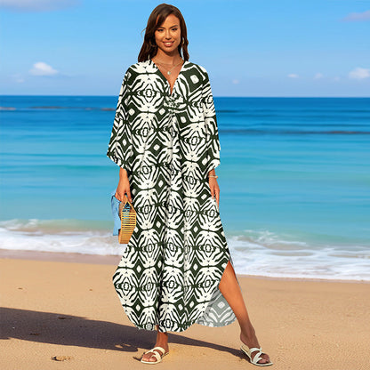 Rayon Print Holiday Beach Dress Women Sun Protective Clothing Loose Robe Beach Cover Up