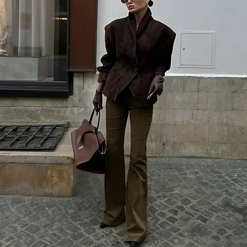 Women Clothing Autumn Winter Street Waist Clip Button Coat
