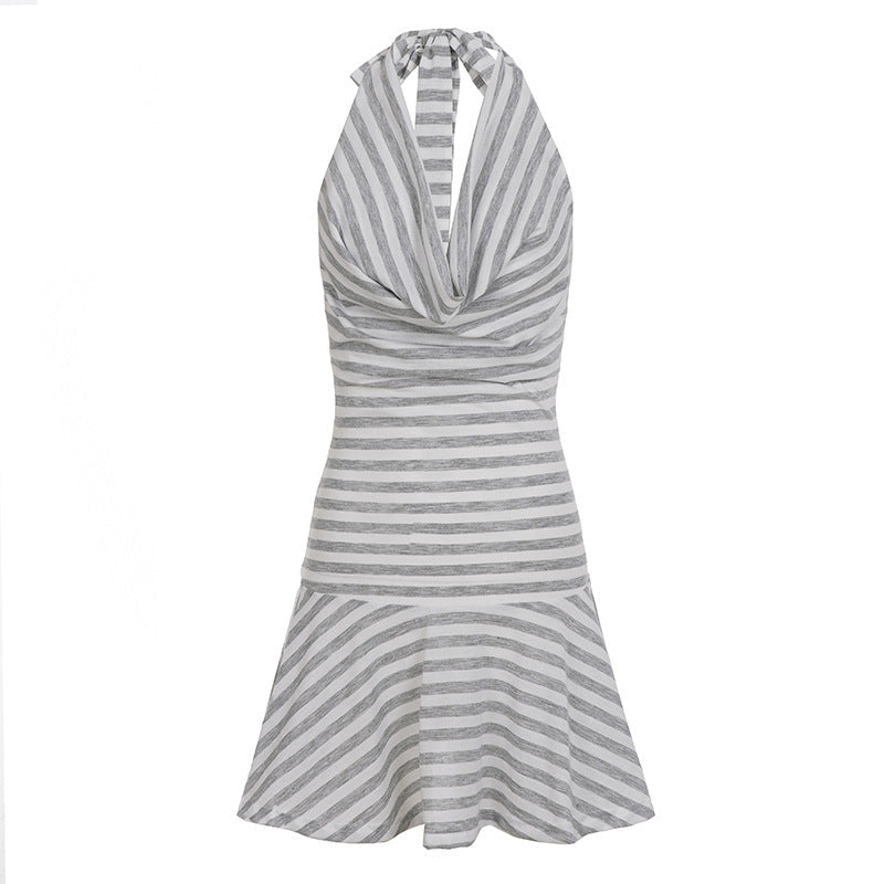 Women Clothing Striped Printed Halter Dress Swing Collar Sexy Backless Waist Trimming A line Dress