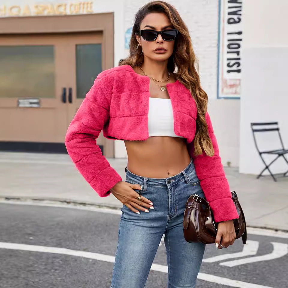 round Collarless Ultra Short Women Faux Fur Coat Top Casual Autumn Winter