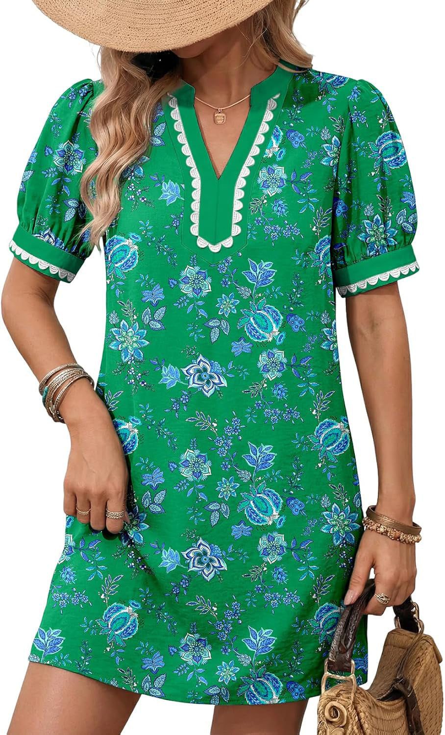 Vacation Solid Color Short Sleeve Color Matching Half Open V neck Straight Dress
